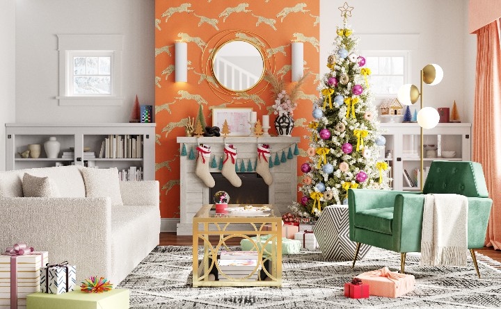 images of a contemporary living room decorated for holidays