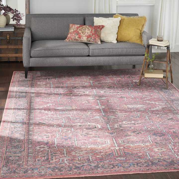 image of washable traditional rug in pink and gray color combinations