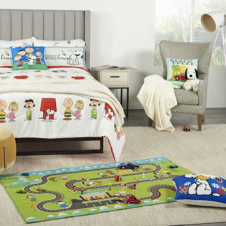 children's room with peanuts game mat and accessories