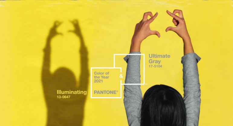 graphic showing illuminating yellow background with ultimate gray in apparel