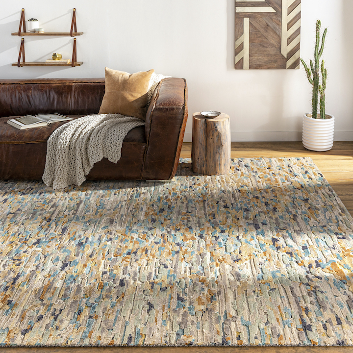hand-knot textured high low rug in room setting