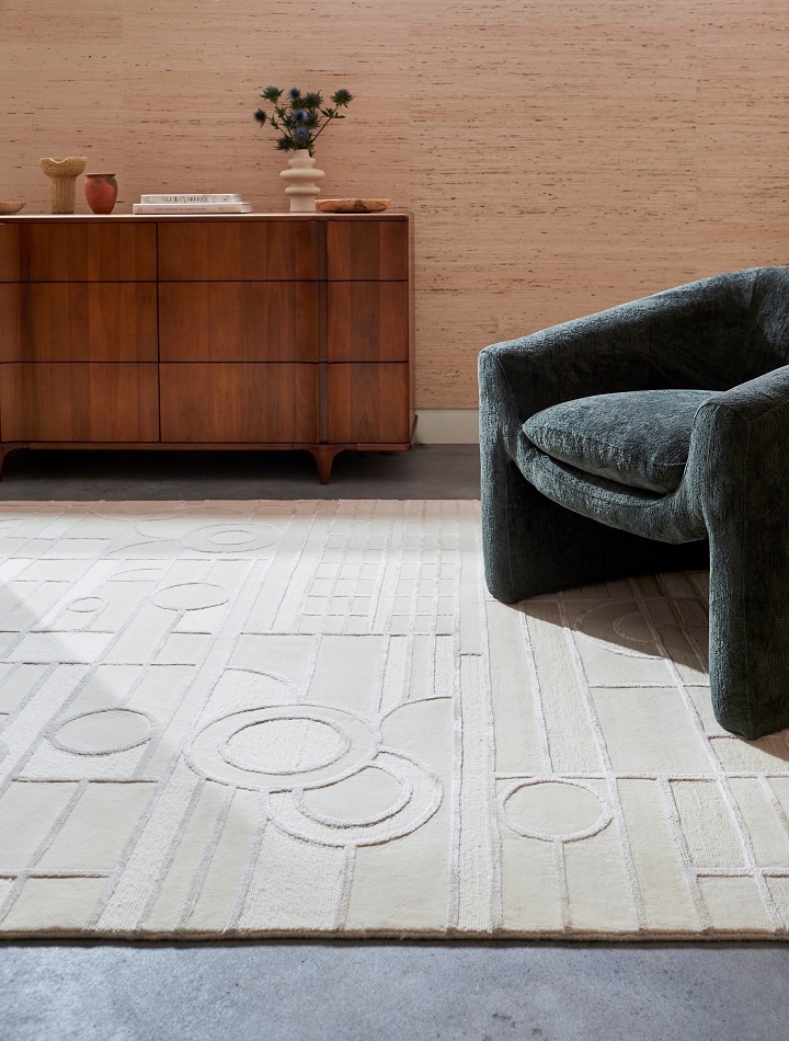 Surya's new Frank Lloyd Wright collaboration geometric rug in room scene