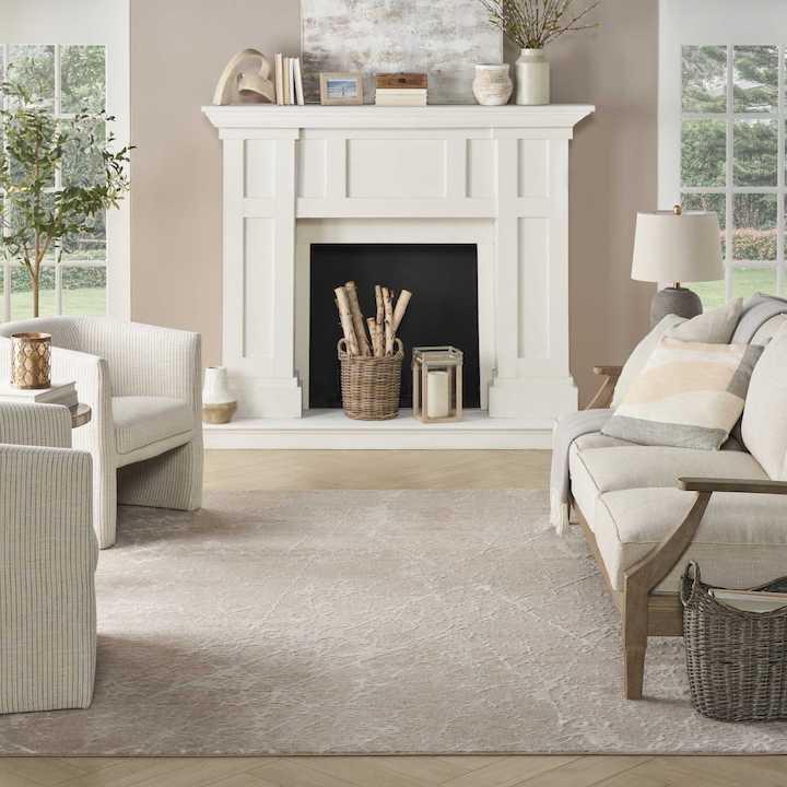 Nourison's new neutral colored texture Exhale abstract rug in a living room setting