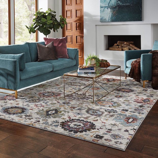 floral design rug in living room