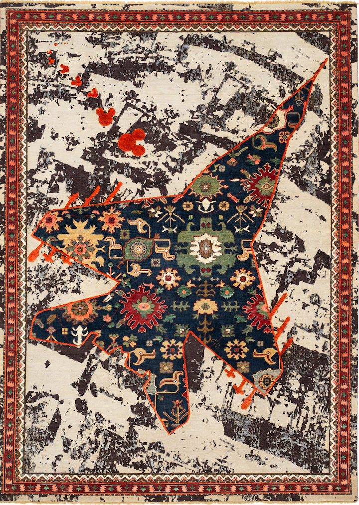image of contemporary war rug by Jan Kath featuring fighter jet