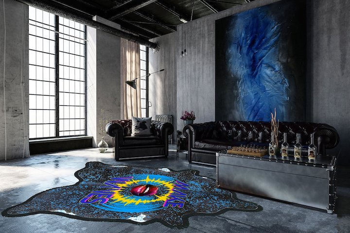 Bold blue painted cow hide rug in living room