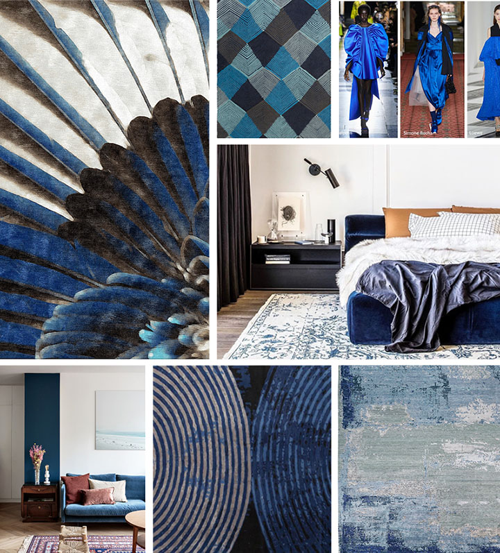 Montage of blue rugs, interiors and fashion designs