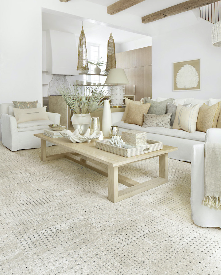 image of living room with cream dot carpet tiles