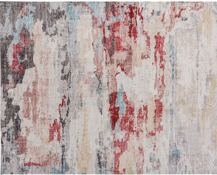 A copper, cream, blue, gray ivory abstract rug
