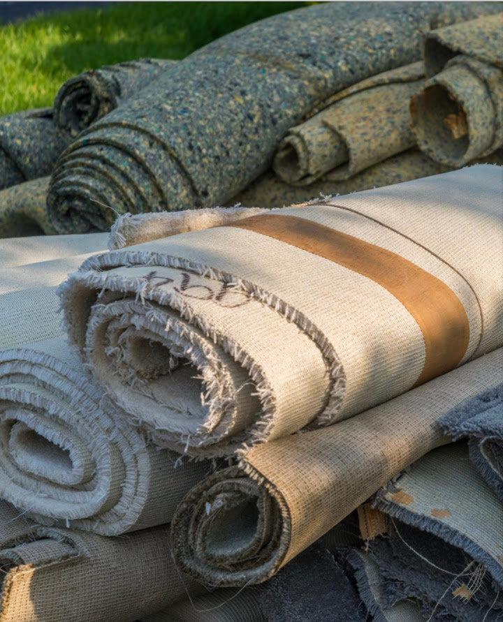 Rolls of old carpet and carpet pads