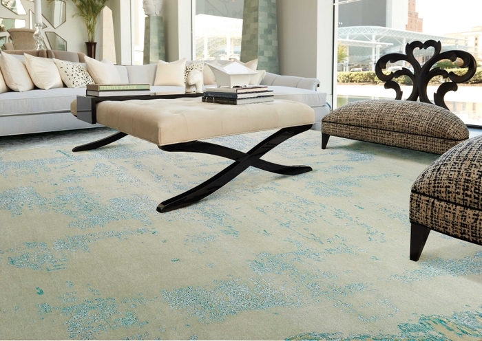 abstract wool and silk rug in contemporary living room