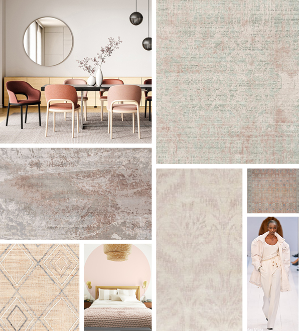 collage of runway fashion, interiors, area rugs in blush, peach and ivory tones