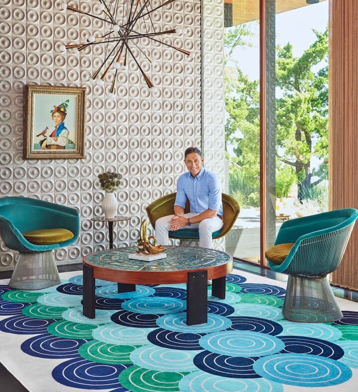 Jonathan Adler in living room featuring his new bold contemporary rug
