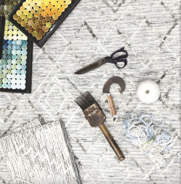 catalog page features detail of hand-knotted area rug and rug making tools