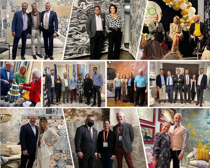 collage of area rug showroom people and events