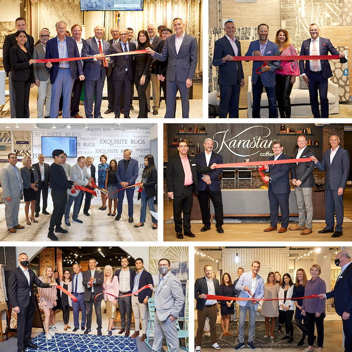 collage of area rug showrooms cutting ribbons