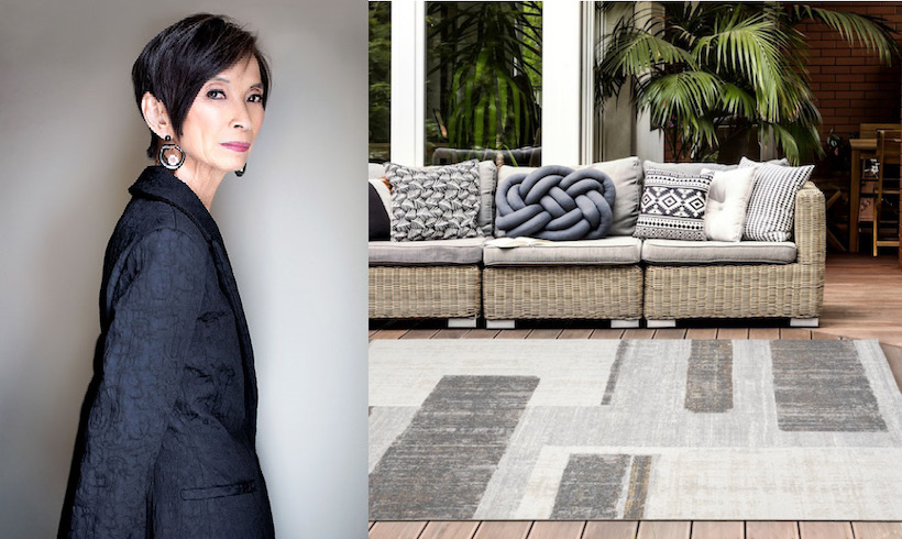 designer Josie Natori and her grey and white geometric rug