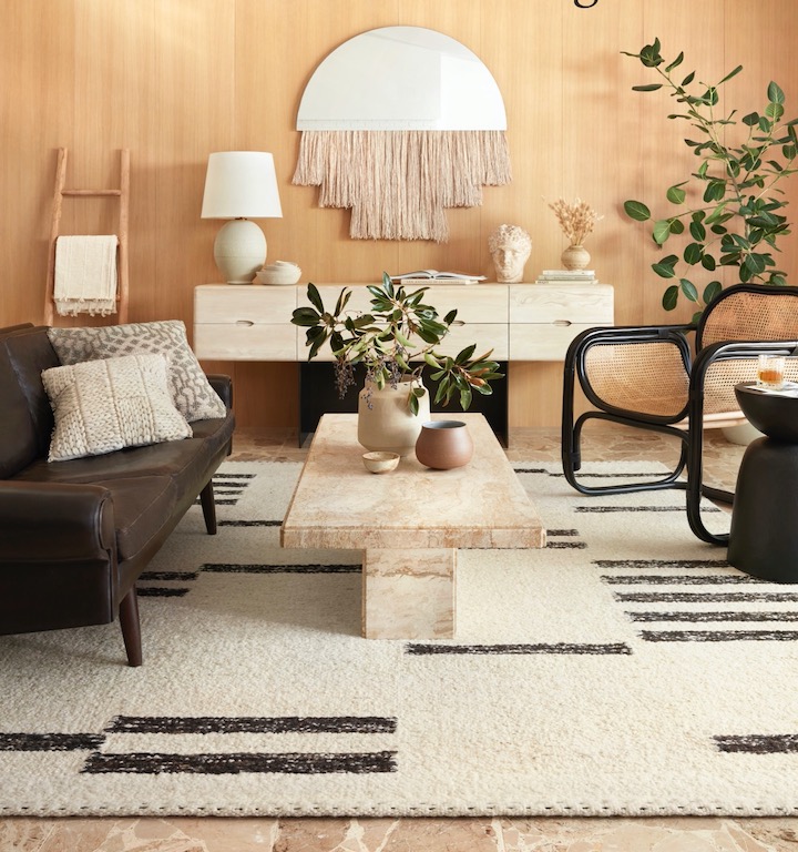 living room with a simple geometric cream and brown rug