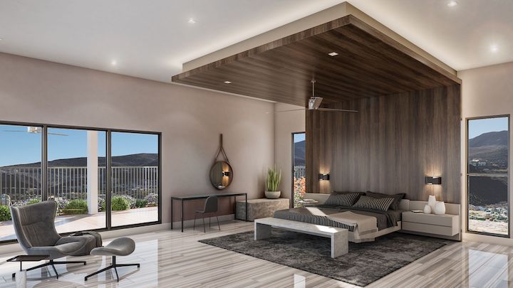 modern bedroom with custom wood wall and ceiling