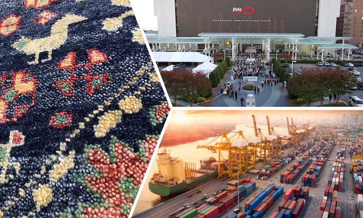collage of rug, shipping port and showroom building