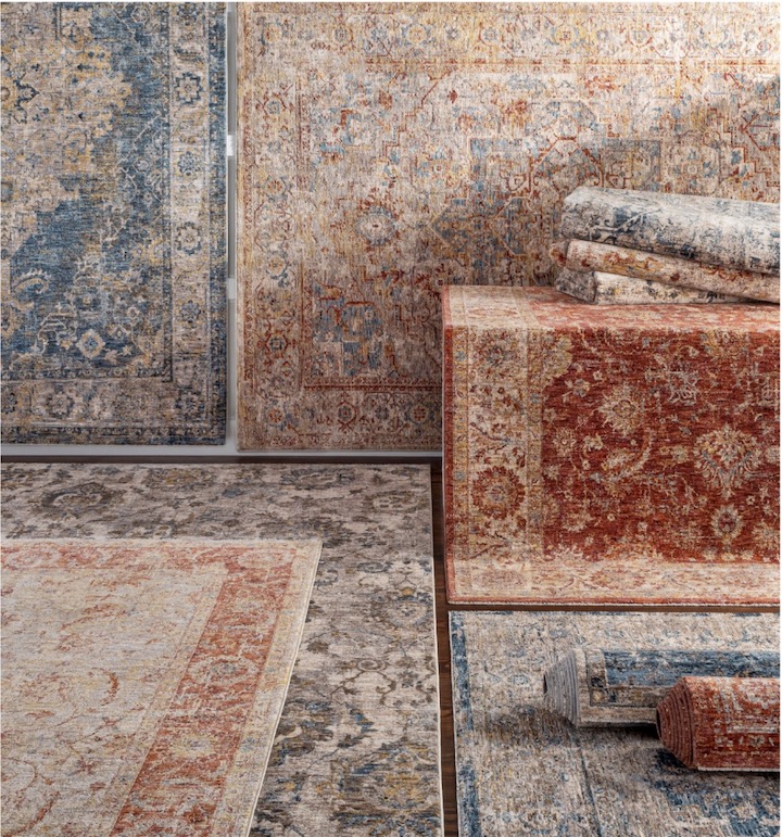 display of contemporary colored traditional design rugs