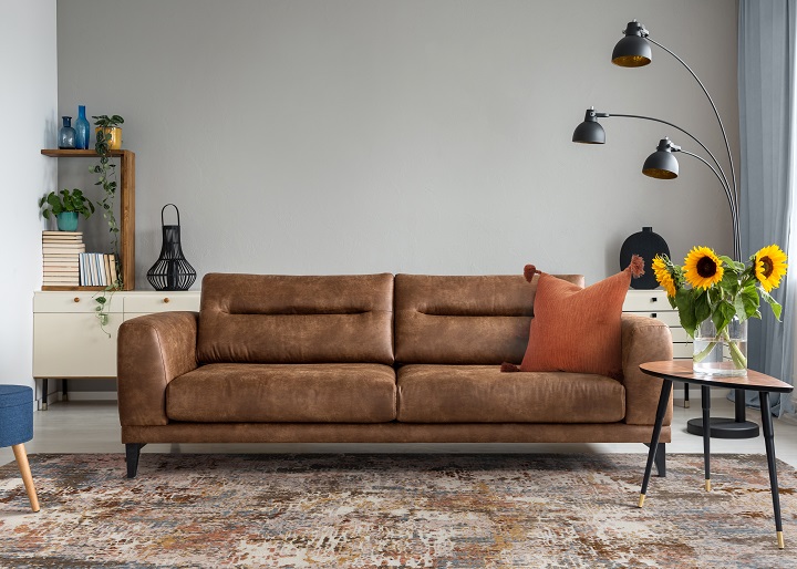 an abstract brown toned area rug in living room setting