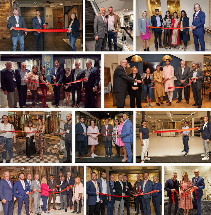 montage of rug showrooms cutting the ribbon on new high point showrooms