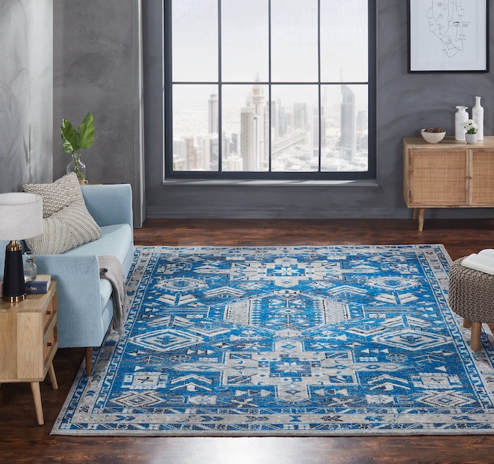 Kalaty new updated tribal hand-knotted rug in modern bright blue color