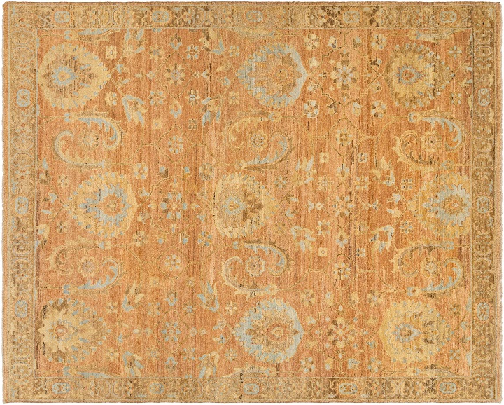 hand-knotted orange colored Turkish designed area rug