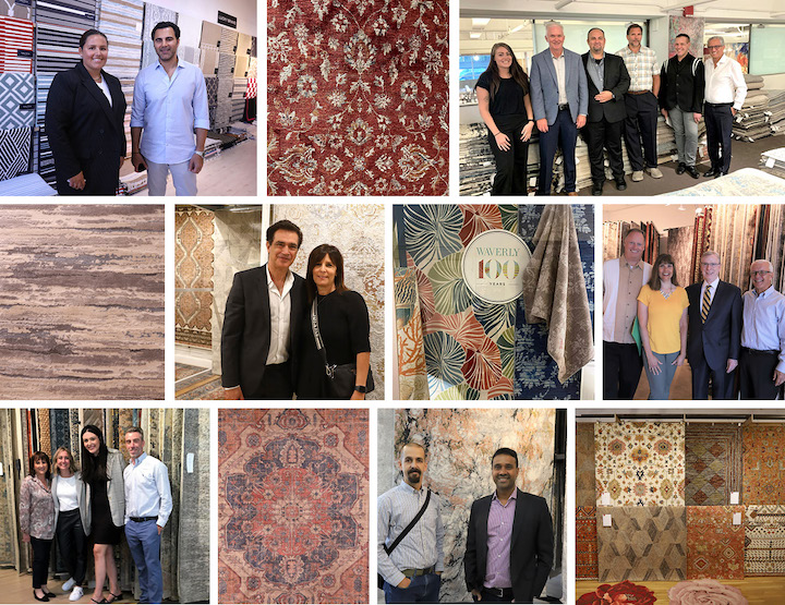 montage of area rug buyers and new rugs at New York Market Week