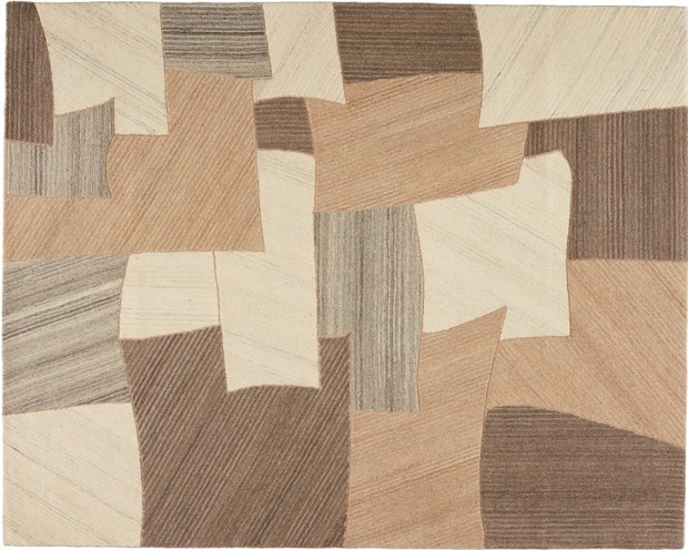 Patchwork style rug with cream, tan, gray and brown squares