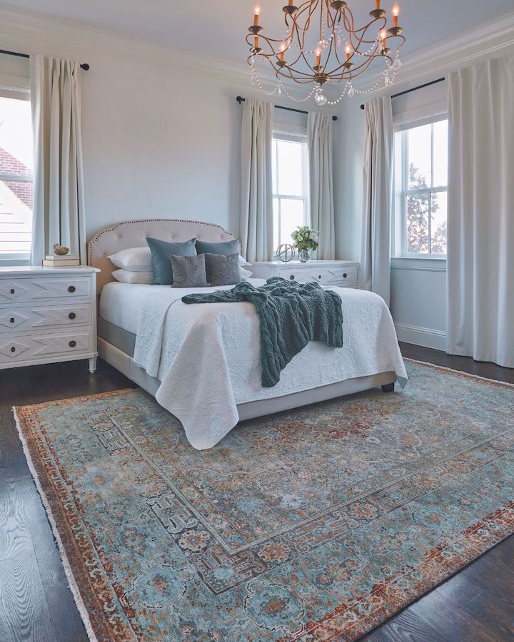 Bedroom featuring Feizy's transitional hand-knotted Dalia area rug