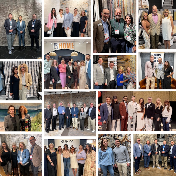 Rugnews montage of rug showroom buyers, celebrations, celebrities and designer events