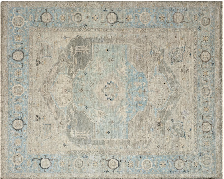 Kalaty's hand-knotted Amalfi medallion style tribal rug in soft neutrals