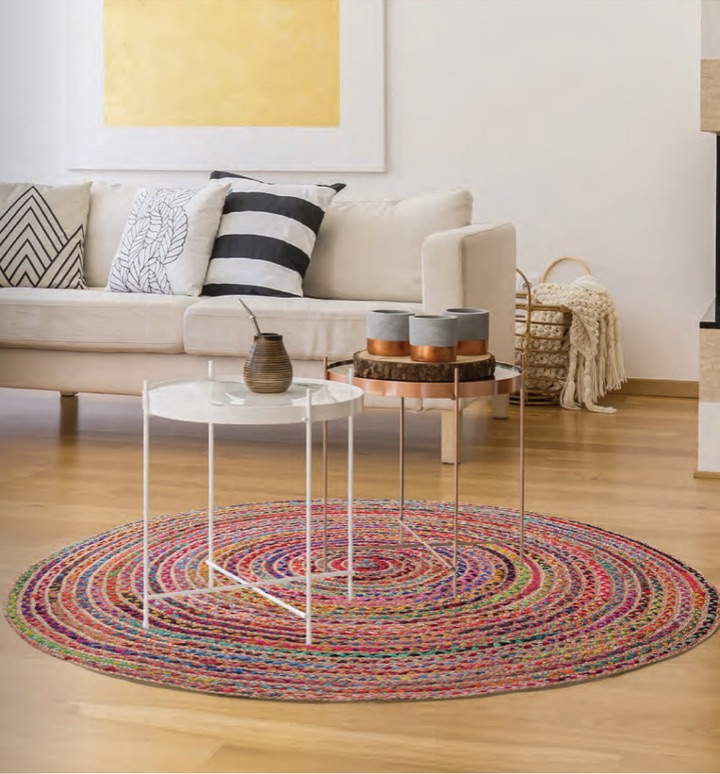 LR Home colorful round Havana area rug in living room scene