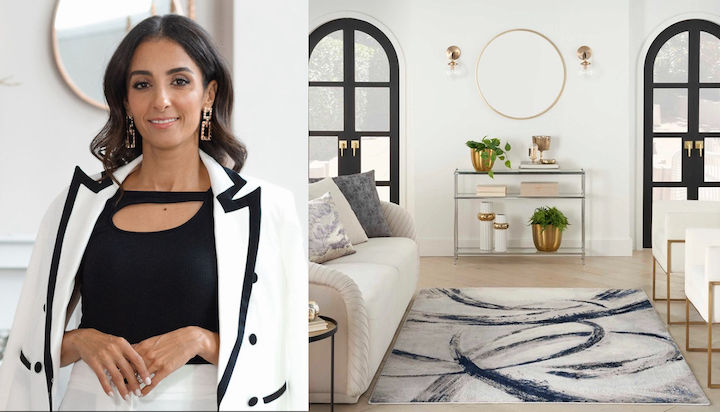 portrait of Farah Merhi, founder inspire me home decor, and a living room shot of new rug