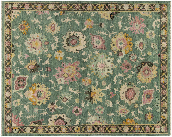 classic floral design rug in emerald colorway