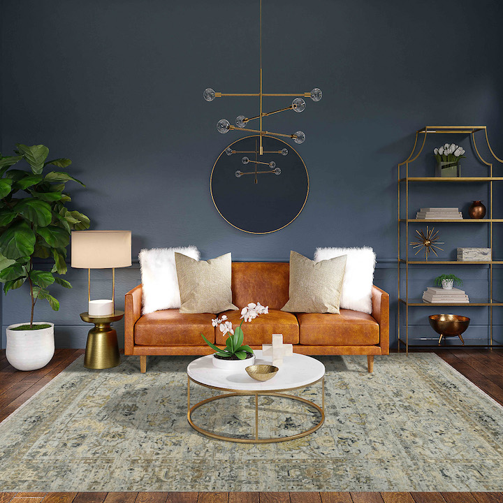 traditional motif rug in neutral palette in living room setting