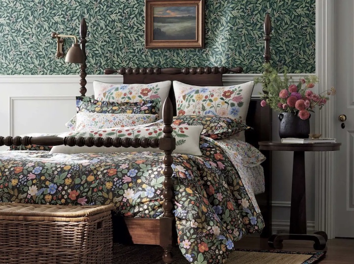 image of a bedroom with Rifle Paper Co.'s new bedding