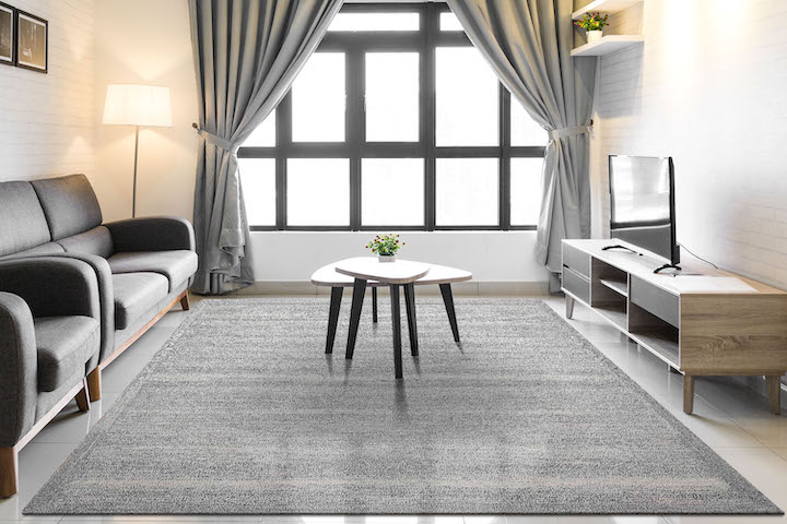 Dynamic Rugs' gray Echo rug in a living room display