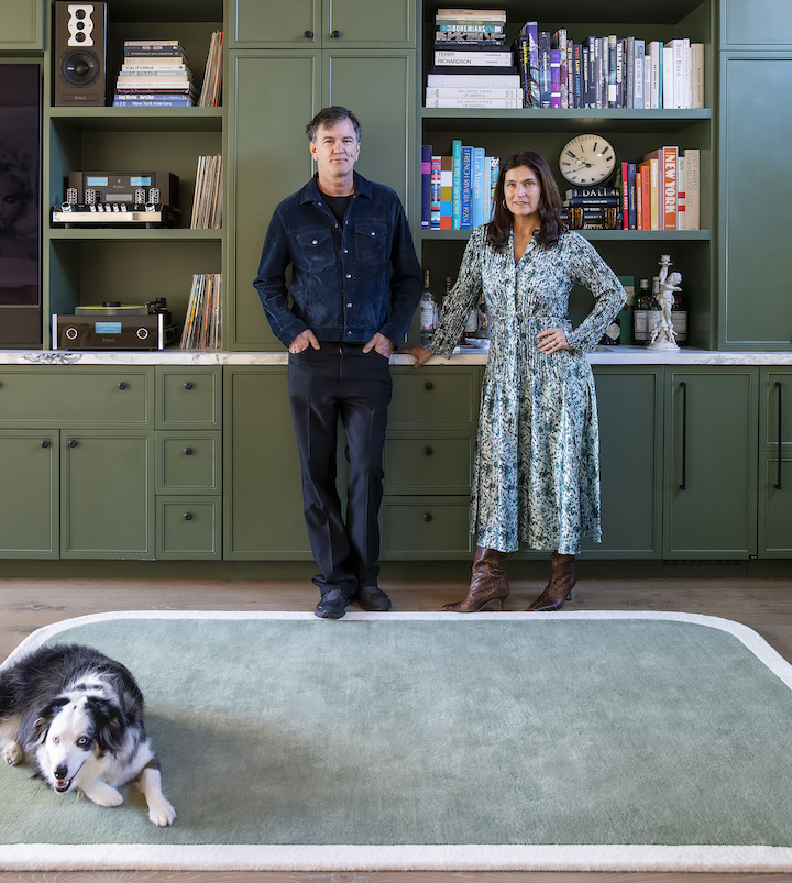 Robert and corntey novogratz and pet dog with new Tallulah rug