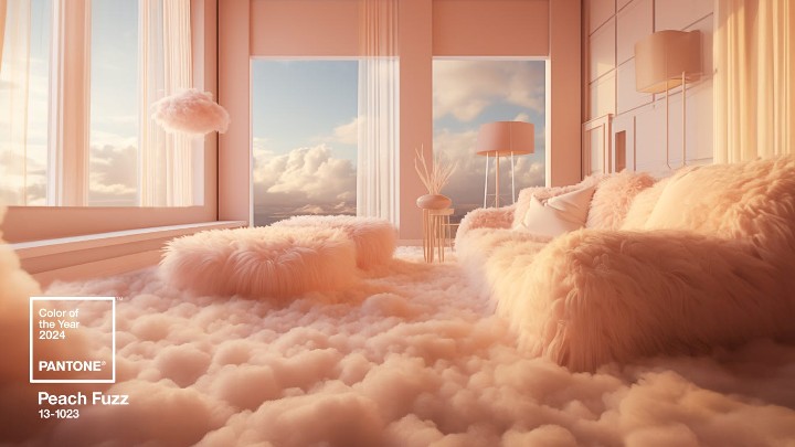 graphic of a fuzzy, cloud inspired room design in Pantone's 2024 Peach Fuzz COY