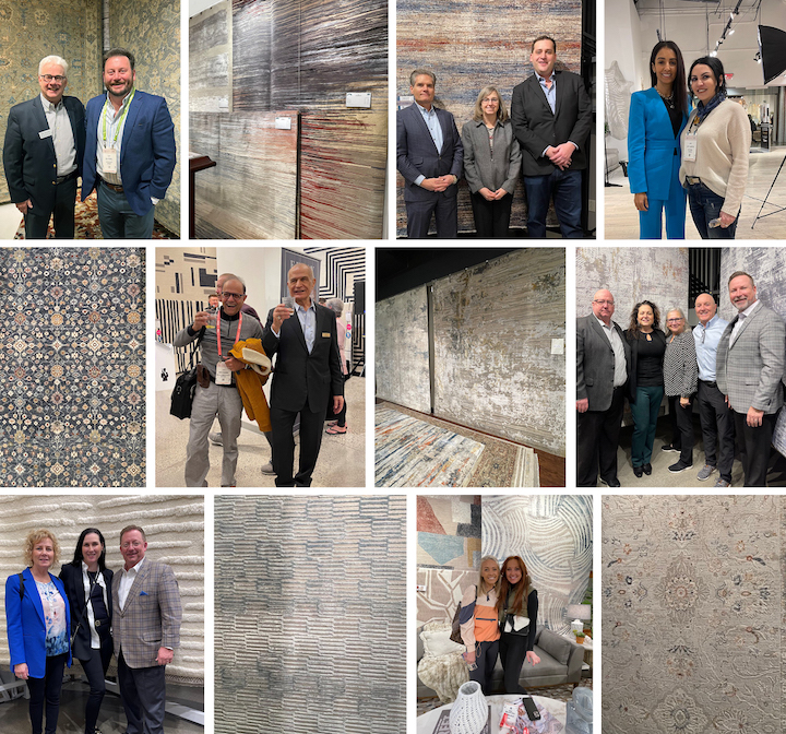 montage of rug buyers and new area rugs at Las Vegas Market