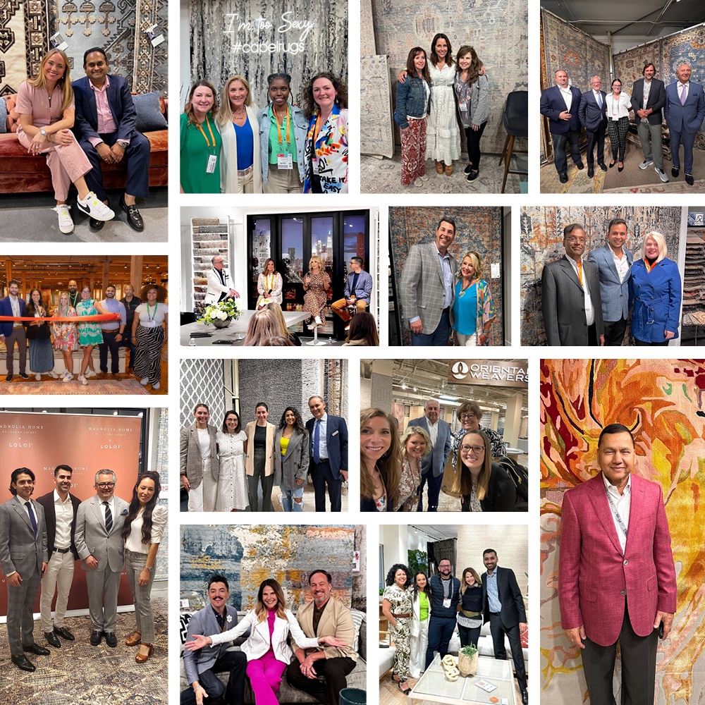 collage of rug designers, celebrities and executives