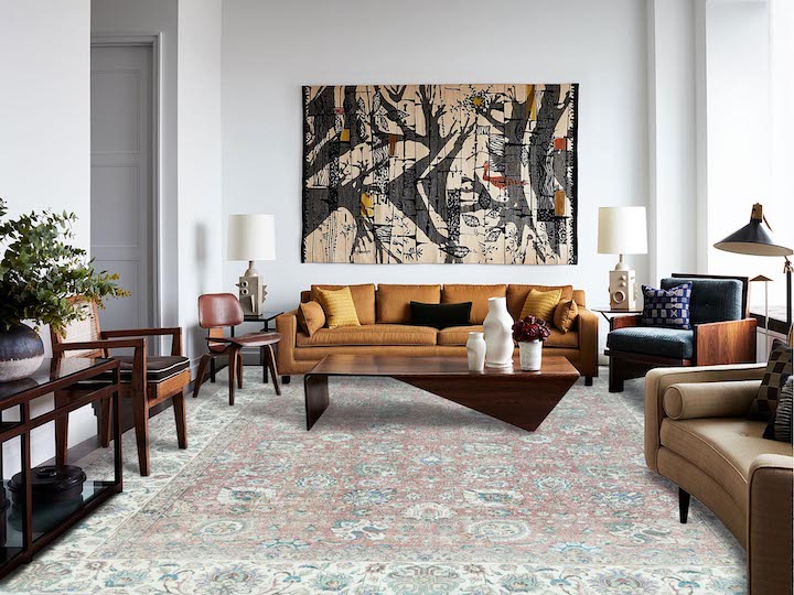 an recolored vintage Persian Kerman area rug by S&H Rugs in living room setting
