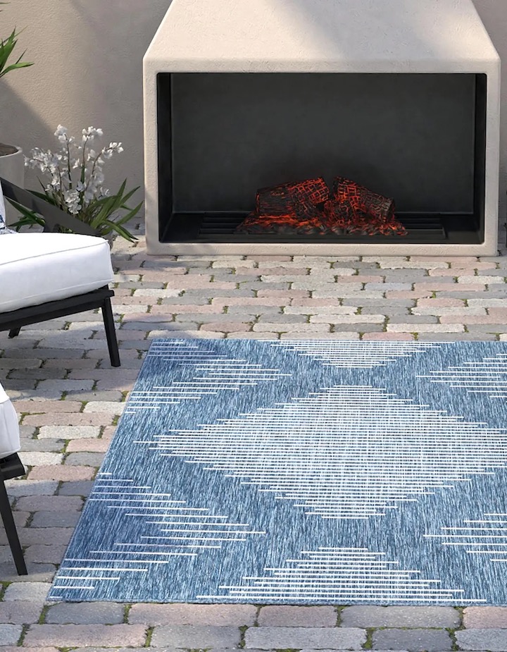 a modern outdoor geometric area rug.