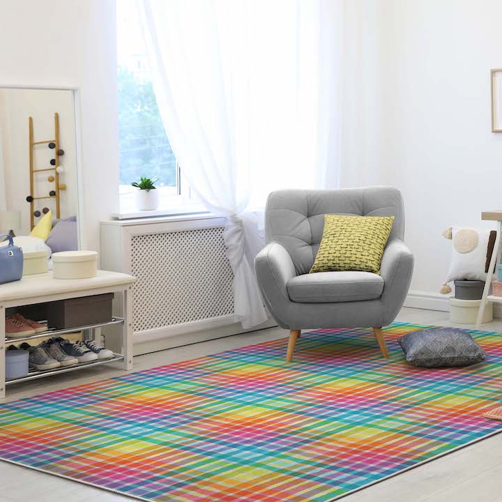 Colorful plaid style rug from the Crayola rug collection